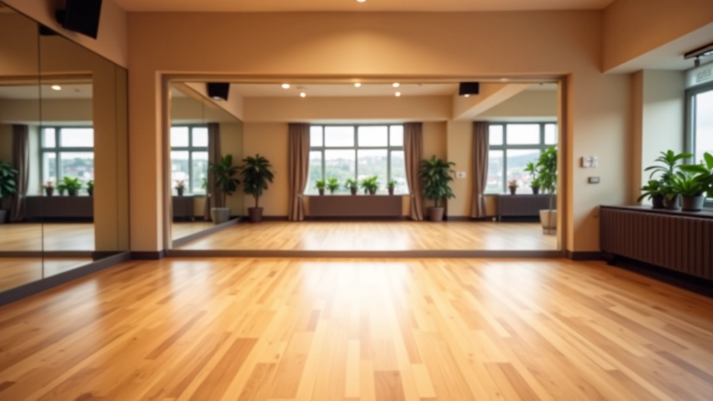 Welcoming dance studio interior with mirrors, bright lighting, and wooden floors ready for a class or social gathering