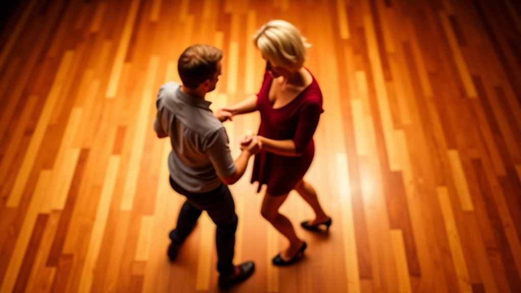 Overhead view of dance partners positioned correctly on a wooden dance floor, showing proper spacing and body positioning