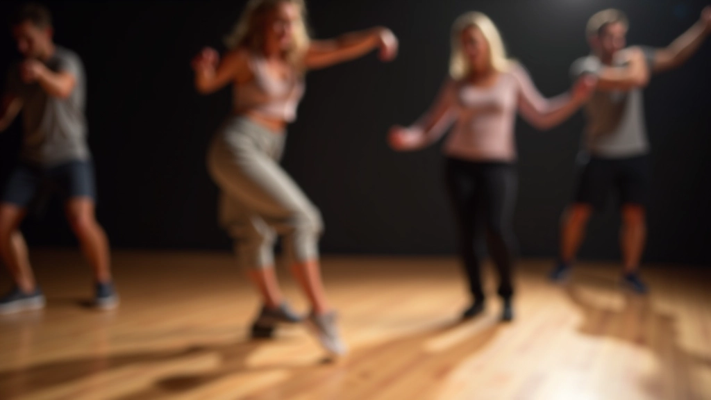 Instructor demonstrating salsa footwork to a group of adult students, focus on feet and lower body positioning