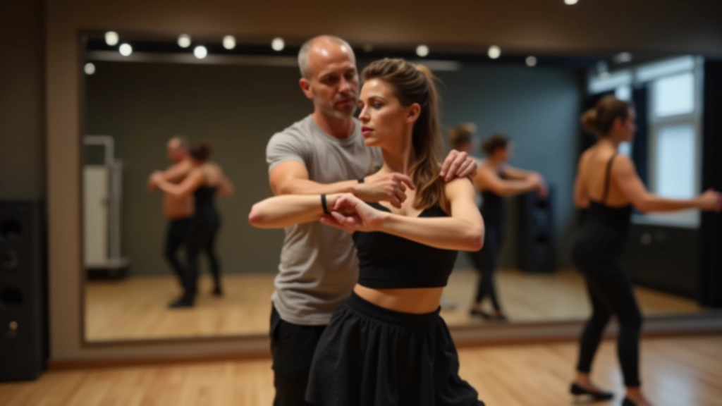 Instructor demonstrating basic bachata step positioning with proper posture and frame