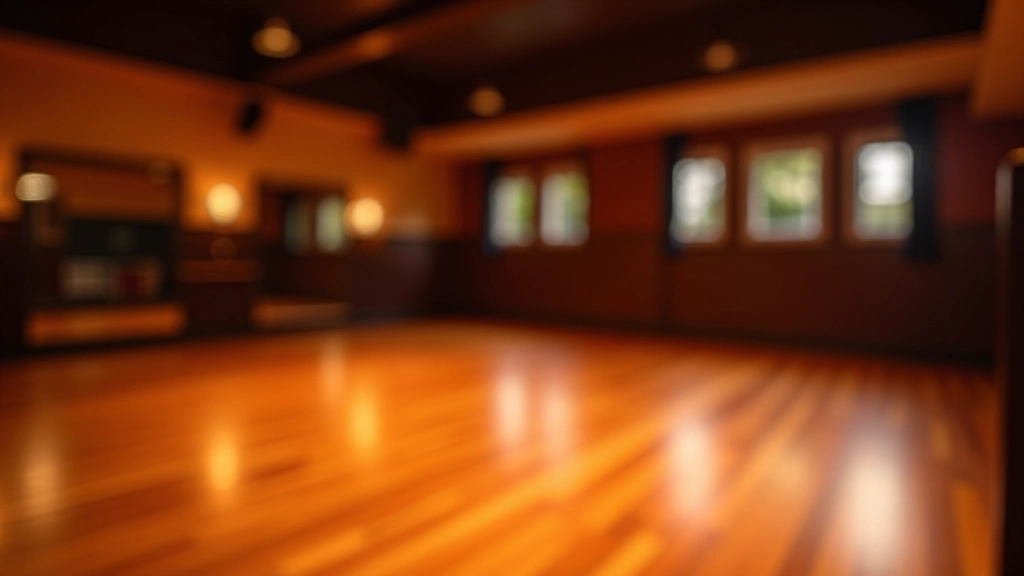 Dance studio scene with adults practicing salsa basics, warm lighting, focused learning environment, wooden floors