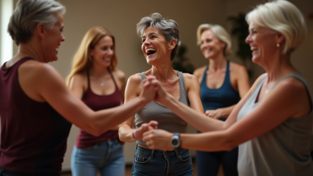 Group of mature adults aged 45-65 dancing together in a social setting, showing diverse body types and casual clothing