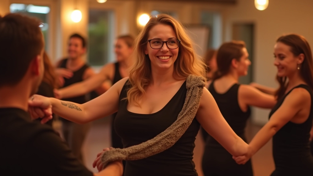 Diverse group of beginner dancers in studio during class, various ages smiling and practicing together