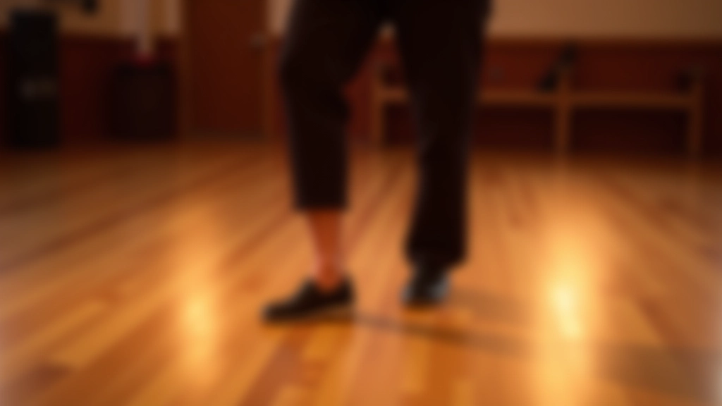 Close-up view of feet in dance position on wooden studio floor, showing proper stance and spacing
