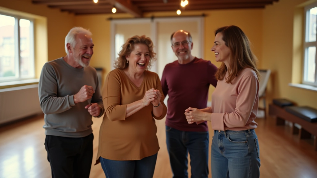 Group of mature dancers smiling and laughing together in a bright dance studio, social and relaxed atmosphere