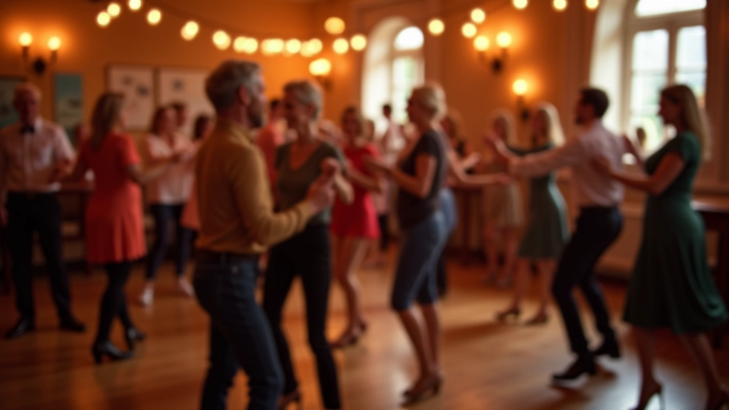 Group of mature adults dancing salsa together in a bright studio