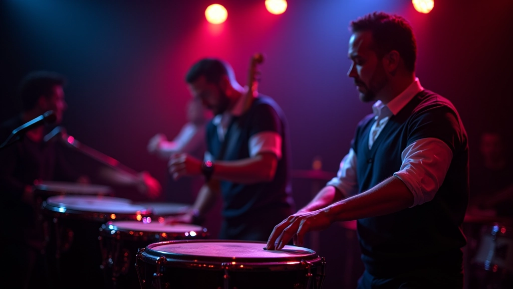 Live band performing in nightclub setting with congas, timbales, and bass player, stage lighting in background