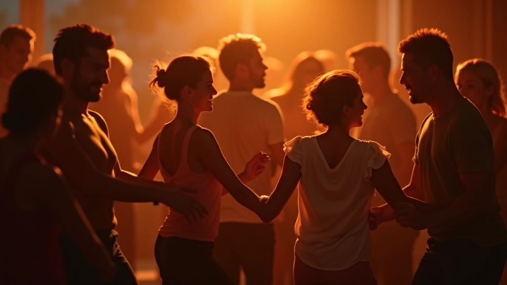 Vibrant social dance event with mature adults dancing together, warm golden lighting, joyful atmosphere, inclusive community setting
