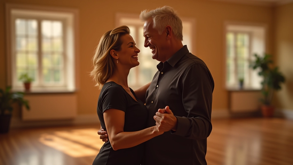 Two mature dancers in a classic dance position, smiling and focused on each other during a performance