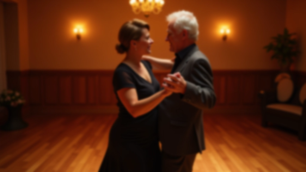 Mature couple dancing bachata together on a wooden dance floor with warm ambient lighting