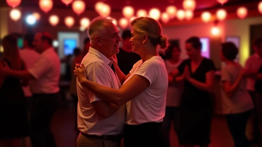 Couple dancing bachata at a Dublin social event with others in background