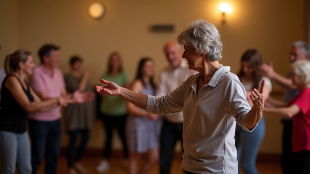 Instructor demonstrating bachata steps to a class of mature dancers