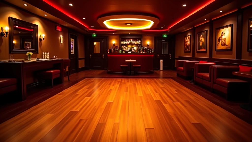Modern dance venue interior with dim amber lighting, wooden dance floor, and intimate seating areas along the sides